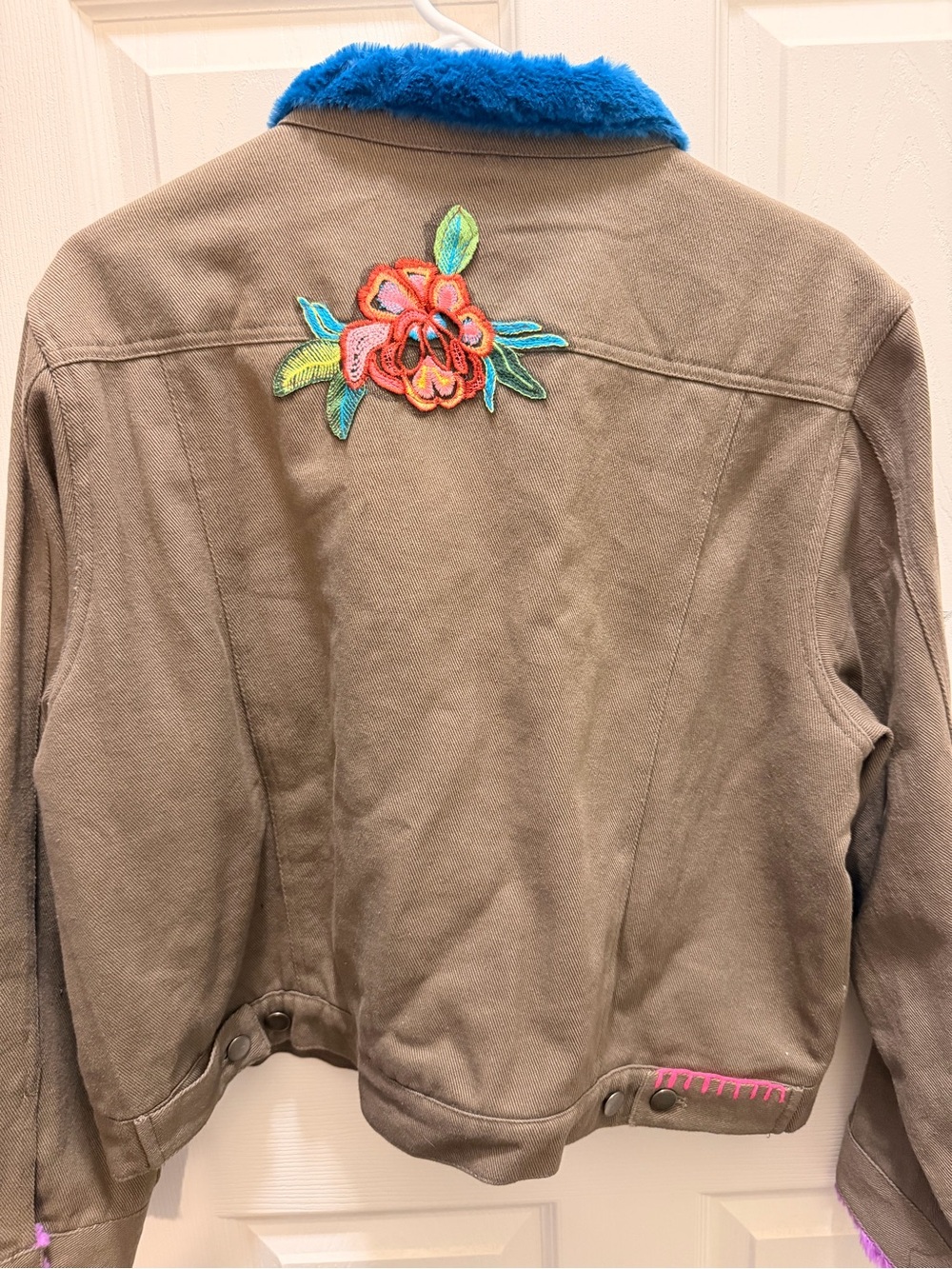 Natural Life Olive Green Jacket with Bright Blue Faux-Fur Collar and Purple Lini - Picture 2 of 2